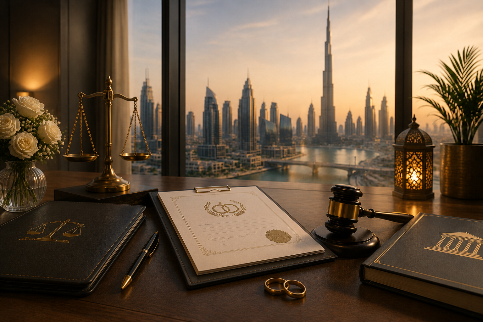 Marriage certificate, wedding rings and legal documents displayed on an elegant desk, with the Dubai skyline and courthouse-inspired setting at sunset.