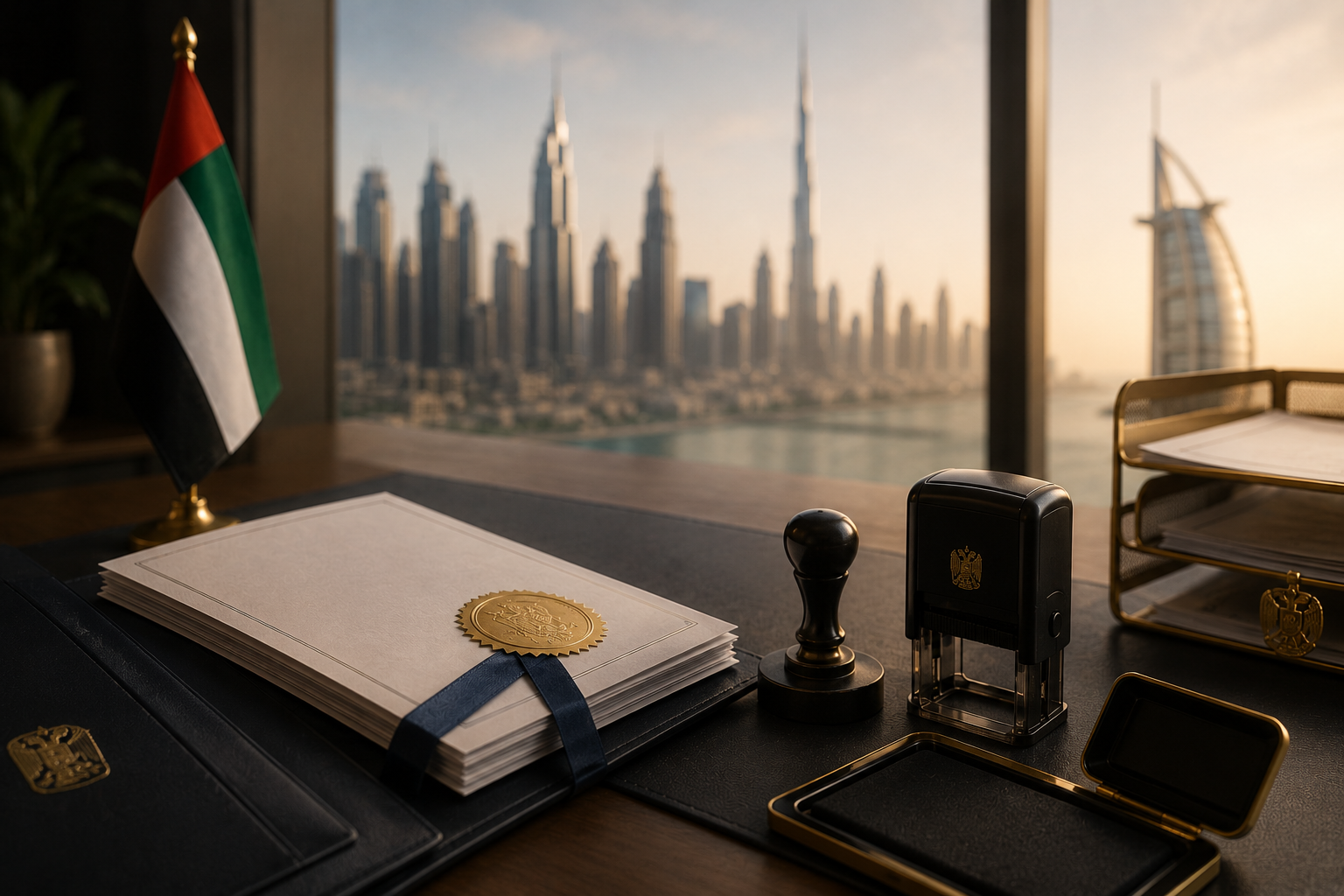 Document attestation stamp and certified documents with UAE flag and Dubai skyline in the background