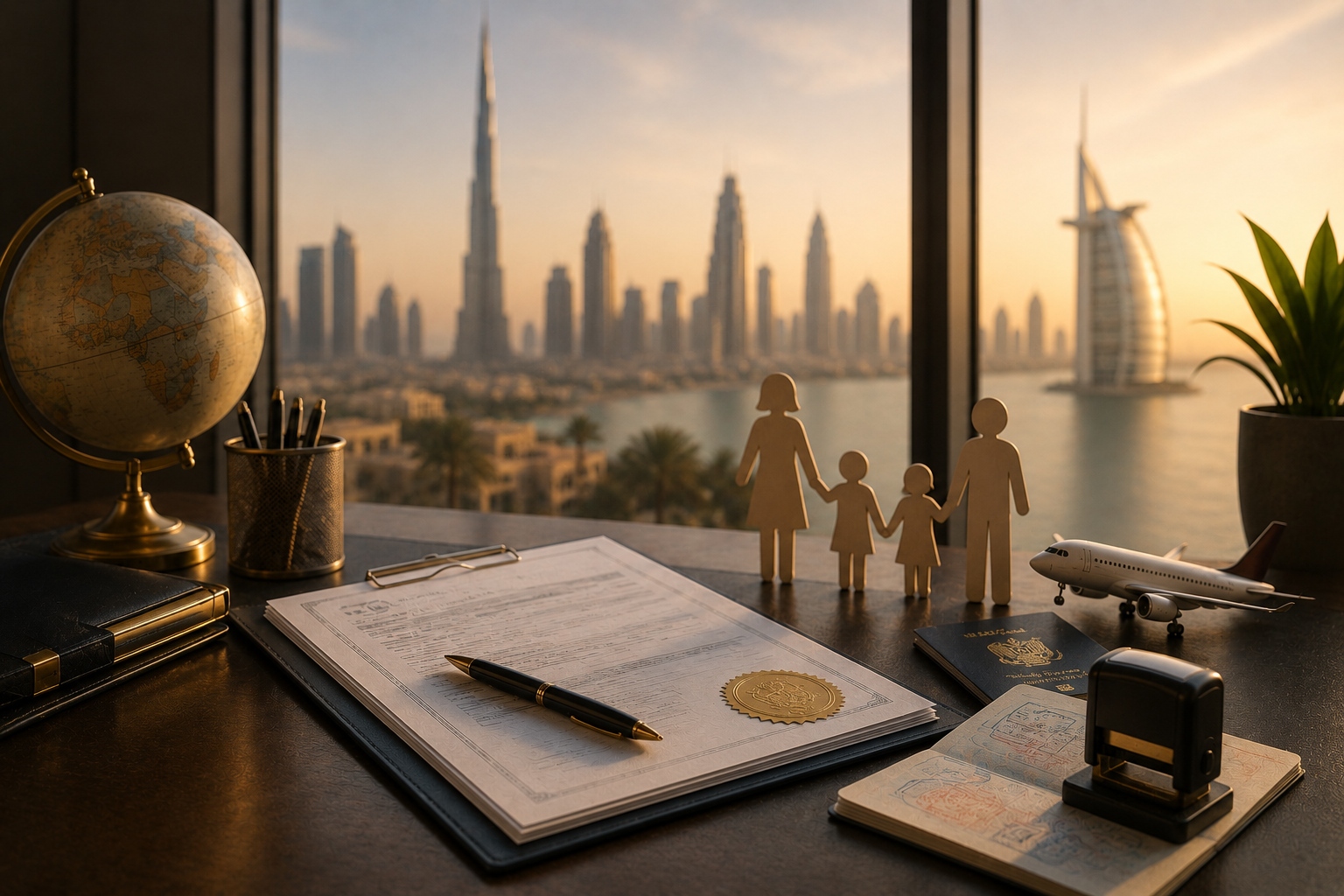 Family visa application documents and passport with UAE visa stamps on a desk, with Dubai skyline at sunset in the background