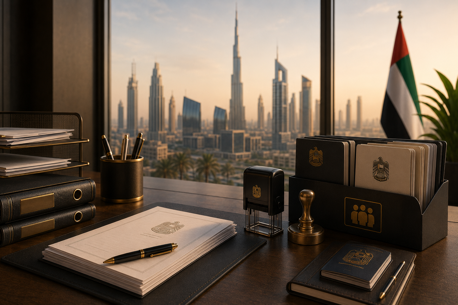 UAE government documents, official stamps and passport booklets organised on a desk for PRO services, with Dubai skyline and UAE flag in the background