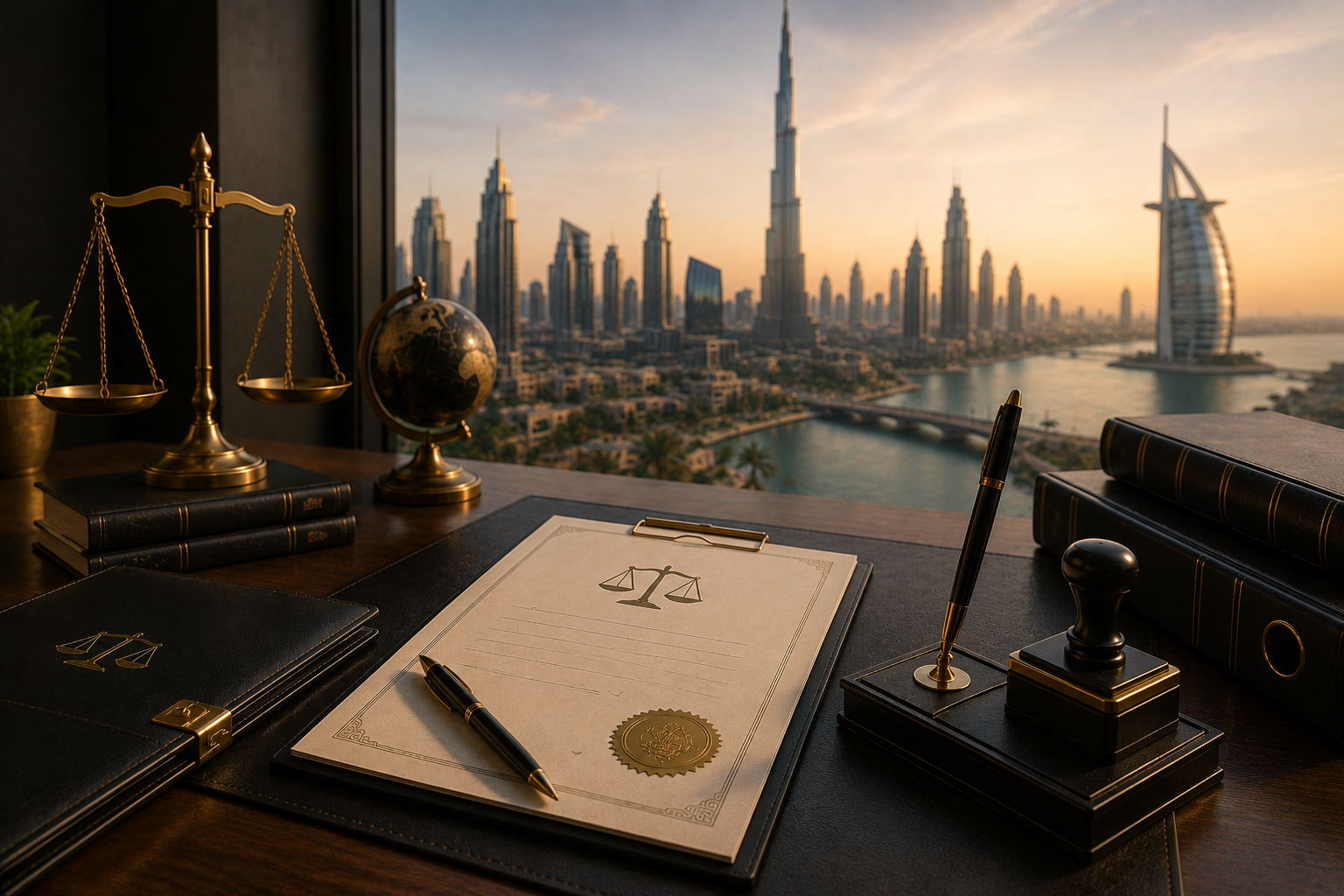 Power of attorney agreement, legal paperwork and official notary stamp on a premium office desk, overlooking the Dubai skyline at golden hour.