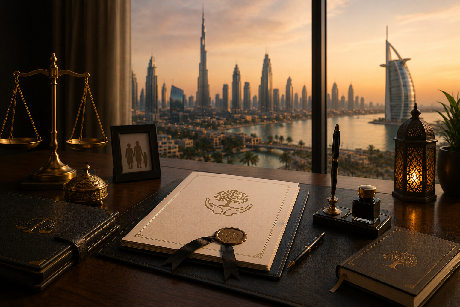 UAE will document with family estate planning papers and legal seal on an executive desk, featuring the Dubai skyline at sunset in the background.